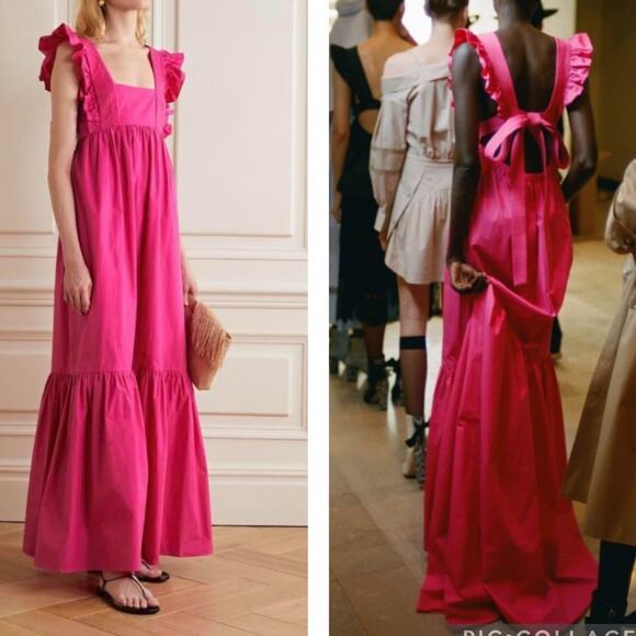 Self-Portrait Fuschia Cotton Poplin Maxi Dress Tiered Ruffle Long Sleeveless 2 - Picture 2 of 14